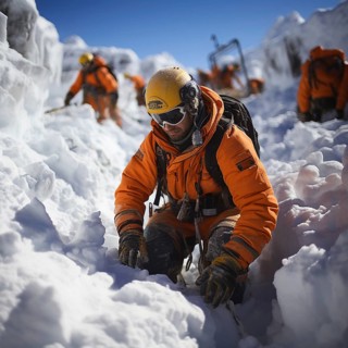 Helpers use evacuation aids to search for people buried in an avalanche