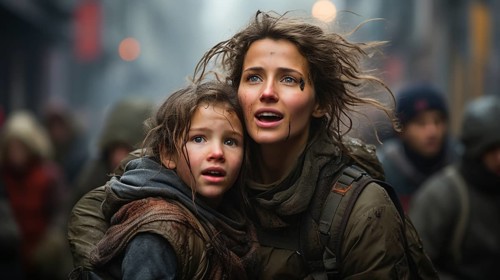 Frightened mother and young child daughter running in the streets of their war ravaged city. generative AI