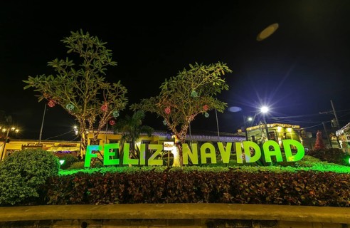 The beautiful church at night from Copan Ruinas from the square. Honduras