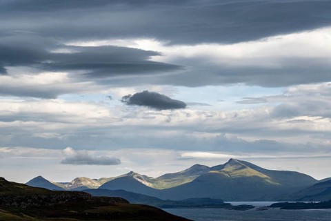 View over Loch Na Keal to the highest mountains of the Isle of Mull