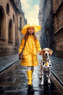 Eight years old girl wearing a yellow raincoat and hat walking in a street side by side with a Dalmatian dog