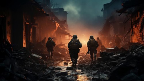 Soldiers with guns scrambling down the streets of a ravaged city amidst war. generative AI