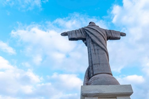 Sculpture detail of Mirador de Cristo Rei at sunset in Funchal in summer