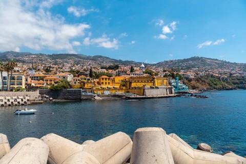 View of Forte de Sao Tiago fort on Funchal beach in summer. Madeira