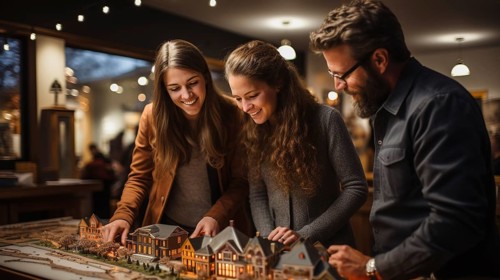 Real estate agent discussing with a young adult couple A new housing development model on the table in front of them. generative AI