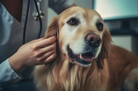 Friendly female veterinarian performing a health check up on a Golden Retriever dog. Generative AI