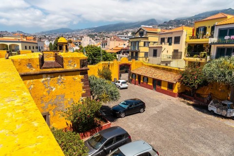 View of the interior of the strong fortress Forte de Sao Tiago on the beach of Funchal. Madeira