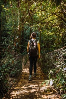 Walking on the wooden bridge in the Cerro Azul Meambar National Park