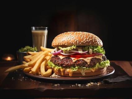 Fresh cooked delicious cheeseburger with all the fixings with fries. generative AI
