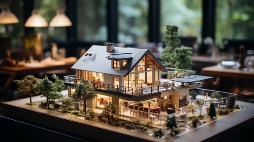Small scale model of a contemporary house design on the table in A real estate office. generative AI