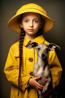 Eight years old girl wearing a yellow raincoat and hat holding an Italian Greyhound in her arms
