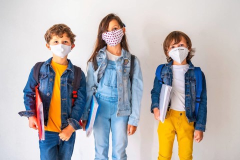 Three children with face masks ready to go back to school. New normality