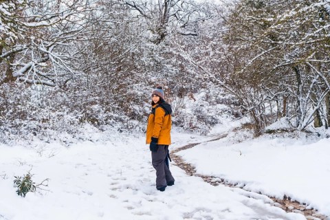 A young woman in a yellow jacket walking along the path of frozen trees. Snow in the town of Opakua near Vitoria in Araba