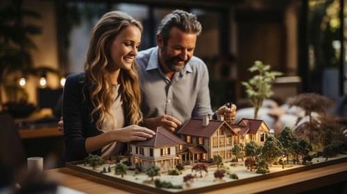 Young adult couple discussing A new housing development model on the table in front of them. generative AI
