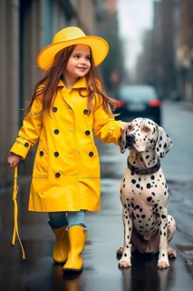 Eight years old girl wearing a yellow raincoat and hat walking in a street side by side with a Dalmatian dog