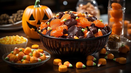 Halloween pumpkin and bowls of candy treats on A table. generative AI
