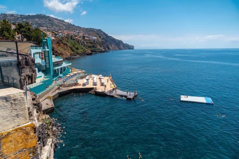 View of the artificial beach from the Forte de Sao Tiago in Funchal. Madeira