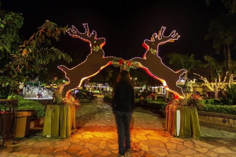 A young woman passing a reindeer arch at Christmas in Copan Ruinas. Honduras
