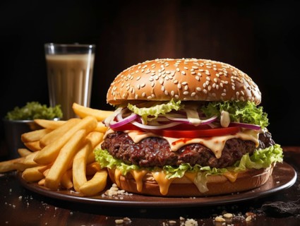 Fresh cooked delicious cheeseburger with all the fixings with fries. generative AI