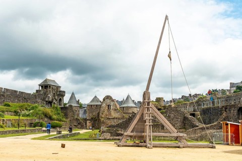 Original catapult in the medieval castle of Fougeres. Brittany region