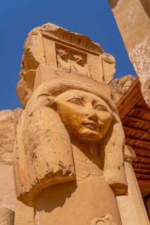 Historical sculptures on the pillars of the Hatshepsut Funerary Temple in Luxor. Egypt
