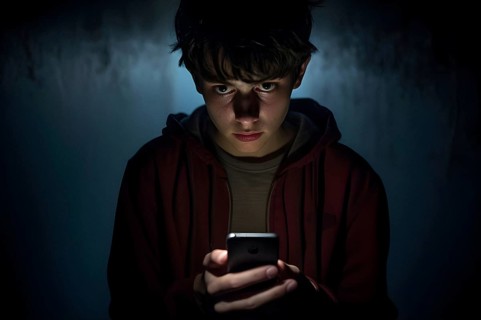 Teenage boy doomscrolling on his smartphone looking exhausted. Dark background. Generative AI