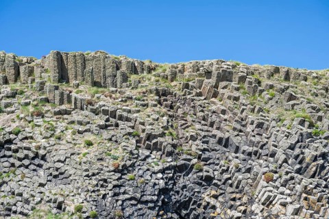 Bizzarely formed polygonal columnar basalt on the uninhabited rocky island of Staffa