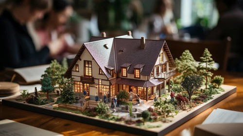 Small scale model of a contemporary house design on the table in A real estate office. generative AI