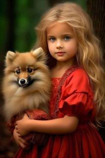 Pretty eight years old girl with long blond hair and red dress holding a German spitz in her arms
