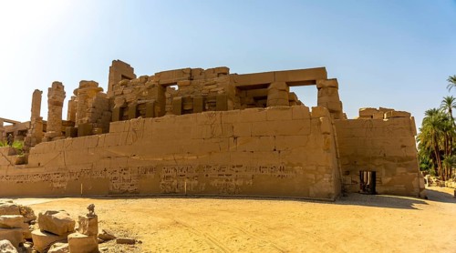 Panoramic view of the temple of columns with hieroglyphs inside the temple of Karnak