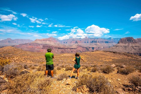 A european couple on the South Kaibab Trailhead trekking. Grand Canyon