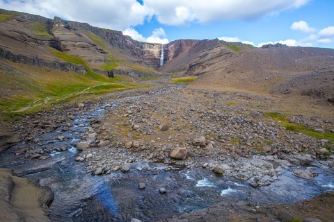 The last waterfall that descends from Hengifoss in Iceland from above