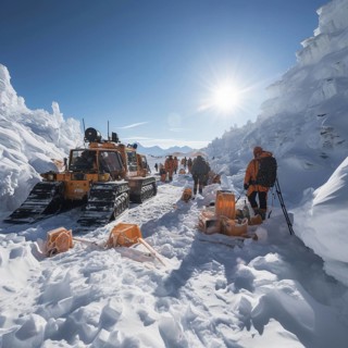 Helpers use evacuation aids to search for people buried in an avalanche