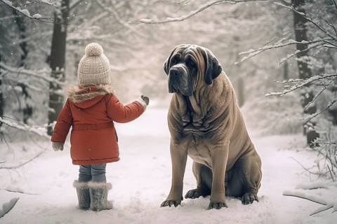 Three years old little girl wearing winter coat standing near a huge English Mastiff in a snowy forest environment with the dog looking down at the girl