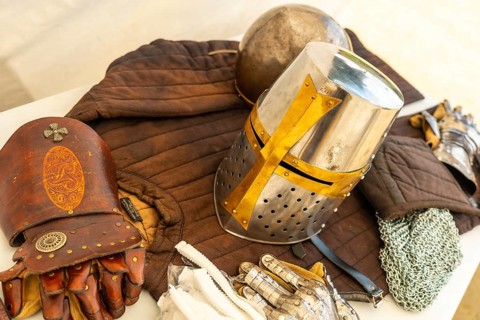 Medieval armor of an original knight in the castle of Fougeres. Brittany region