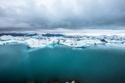 Panoramic view of the frozen Joekulsarlon lake in August. Iceland