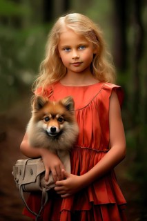 Pretty eight years old girl with long blond hair and red dress holding a German spitz in her arms