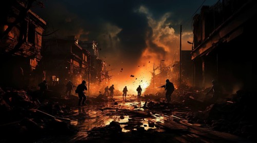 Soldiers with guns scrambling down the streets of a ravaged city amidst war. generative AI