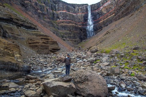 The last waterfall that descends from Hengifoss in Iceland from above