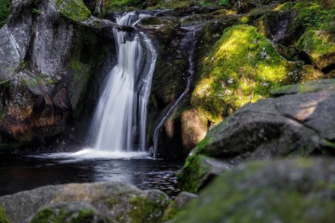 Waterfall in autumn forest with rocks