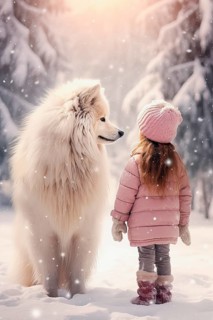 Three years old little girl wearing winter coat standing near a Eskimo dog in a snowy forest environment with the dog looking down at the girl