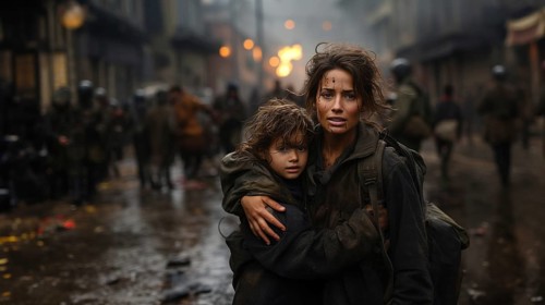 Frightened mother and young child son running in the streets of their war ravaged city. generative AI