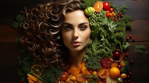 Headshot portrait of healthy woman surrounded by and partially made of fruits and vegetables