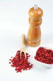 Pink peppercorns in a wooden spoon with a wooden pepper shaker isolated on a white background and copy space