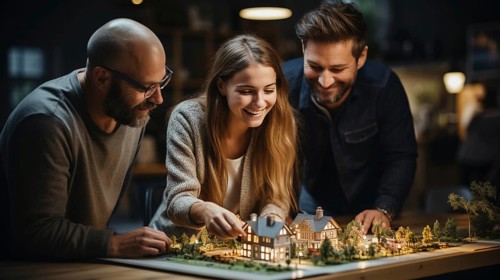Real estate agent discussing with a young adult couple A new housing development model on the table in front of them. generative AI