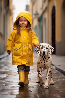 Eight years old girl wearing a yellow raincoat and hat walking in a street side by side with a Dalmatian dog