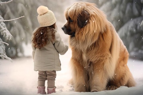 Three years old little girl wearing winter coat standing near a huge Leonberger dog in a snowy forest environment