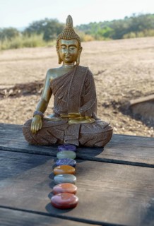 Statue of buddha in the field on a sunlit wooden table with chakra stones in a row