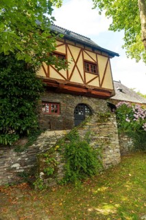 Old colored house in the medieval village of Rochefort-en-Terre