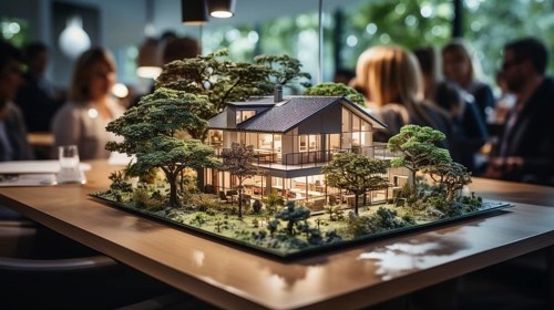 Small scale model of a contemporary house design on the table in A real estate office. generative AI